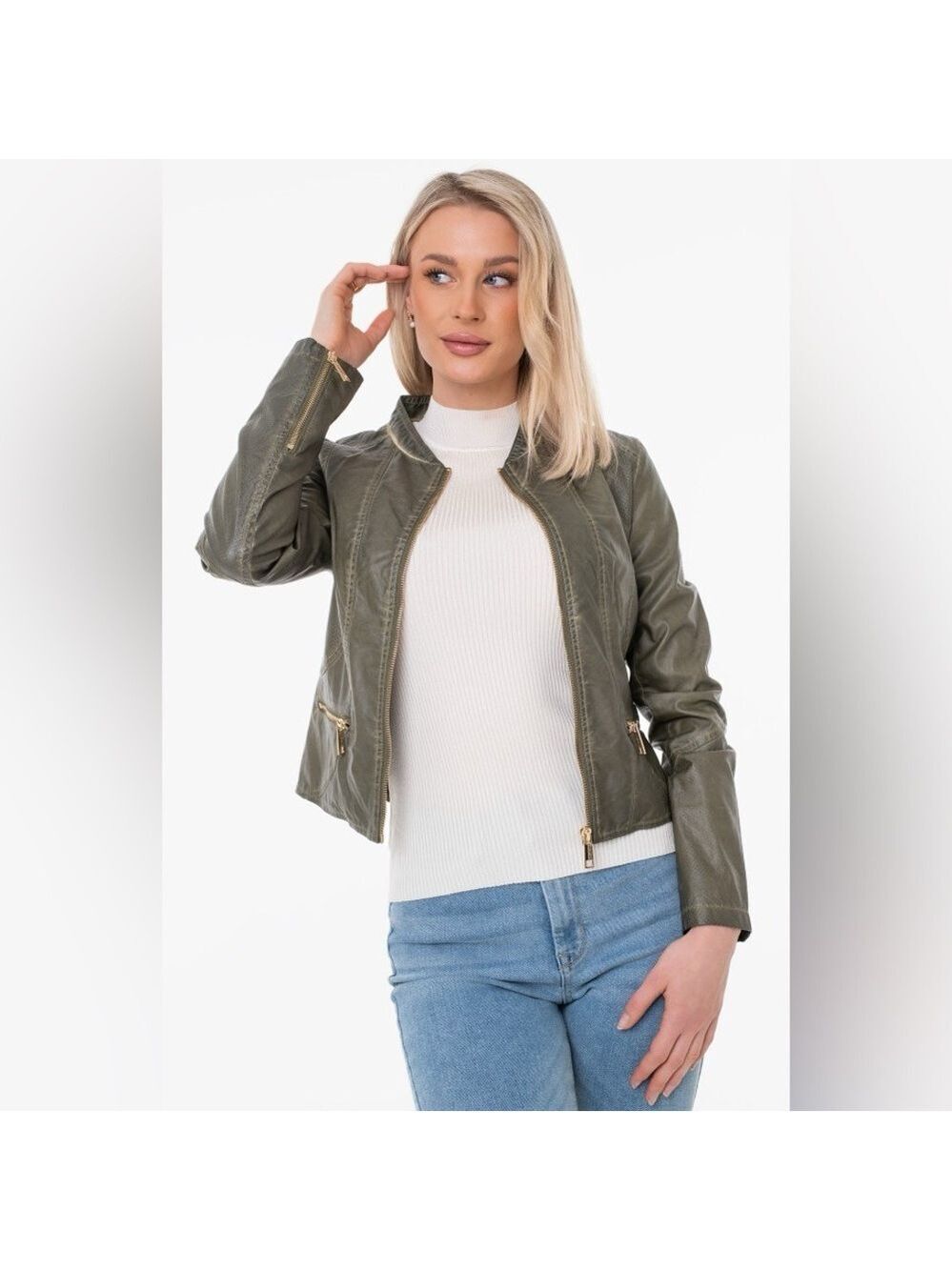Rino & Pelle Olive Green Moto Jolize Faux Leather Jacket - Size Medium